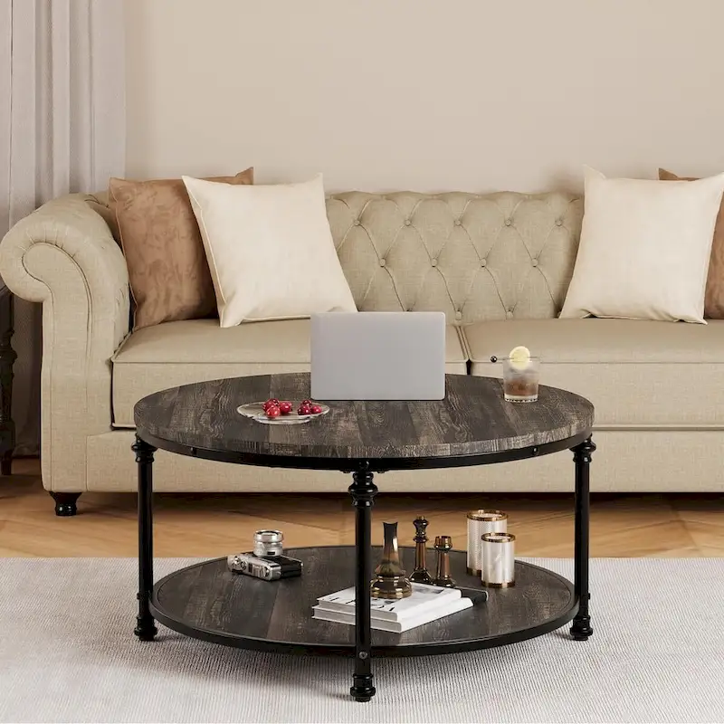 Round Coffee Table with 2-Tier Shelf, 30.31