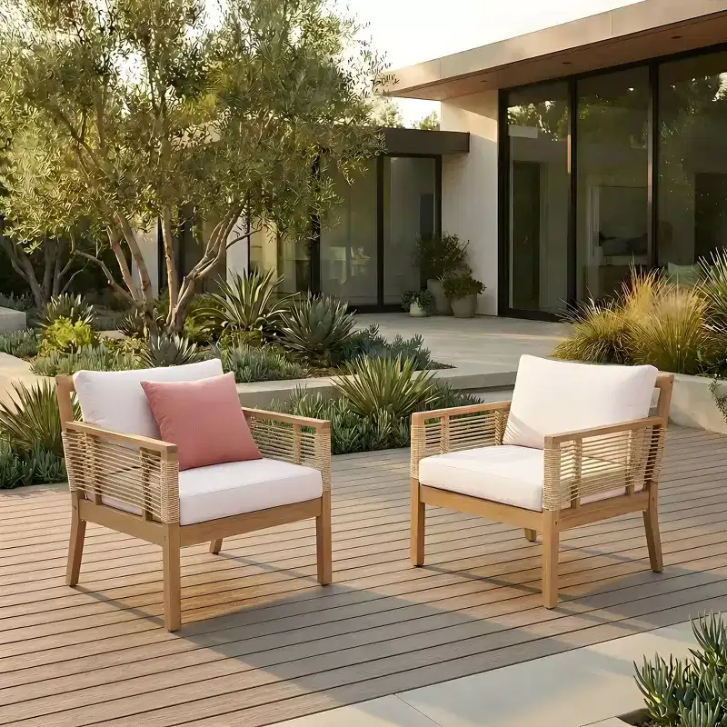 ModernLuxe Set of 2 Patio Acacia Wood Club Chairs, Hand-Woven Twist Rope Armchairs with Beige Cushions for Backyard & Poolside, Teak Finish