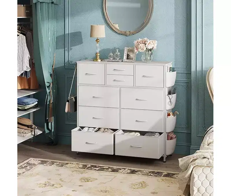 10-Drawer Storage Dresser with Side Pockets & Hooks for Bedroom, Living Room, Hallway, Closet, PU Finish, Sturdy Metal Frame, White