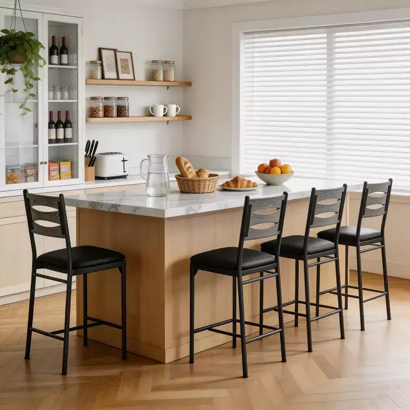 Bar Stools Set of 4, Wooden Barstools, Faux Leather Upholstered Bar Chair with Back & Footrest & Thick Cushion, Counter Height Bar Stools for Kitchen