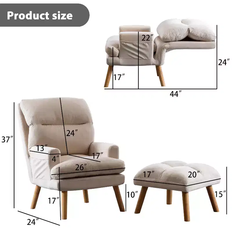 Accent Chair with Ottoman, Velvet Armchair with Adjustable Backrest and Side Pocket