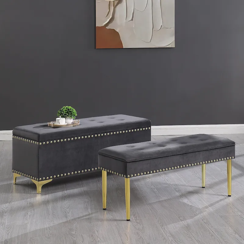 2 in 1 Combination Tufted Velvet Benches Set with Gold Leg and Nailhead Trim