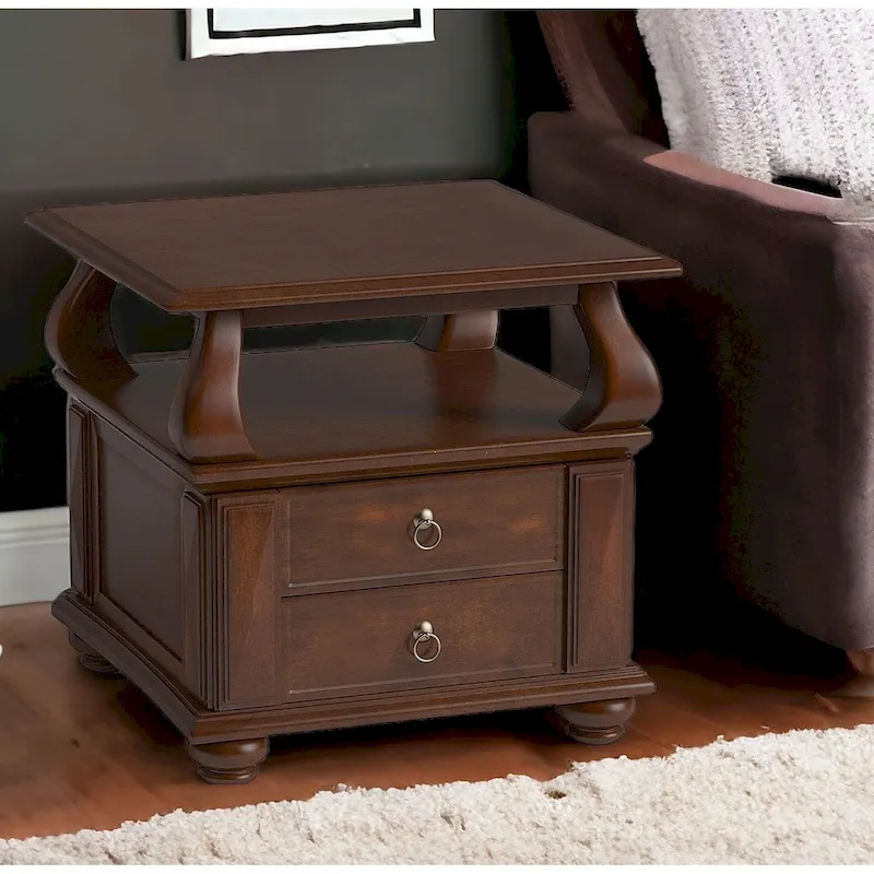 Square Solid Wood End Table with 2 Drawers and Open Shelf – Brown, 1-Unit