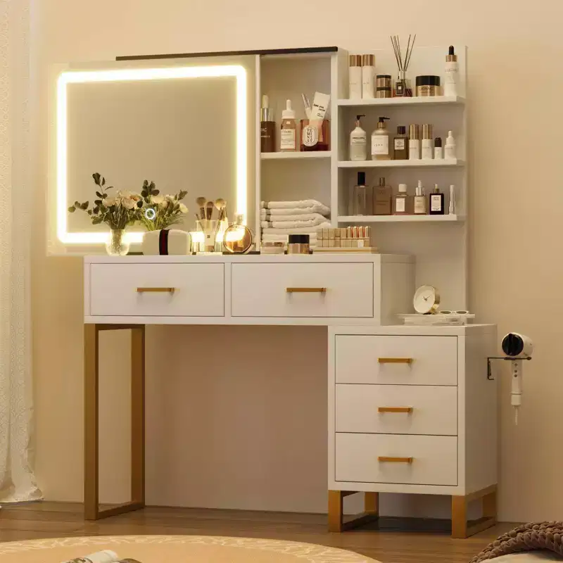 GustoWave Vanity Desk with Mirror, Makeup Vanity Desk Charging Station,LED Light with 3 Lighting Modes, 5 Large Drawers and 3 Tiers of Open Shelves