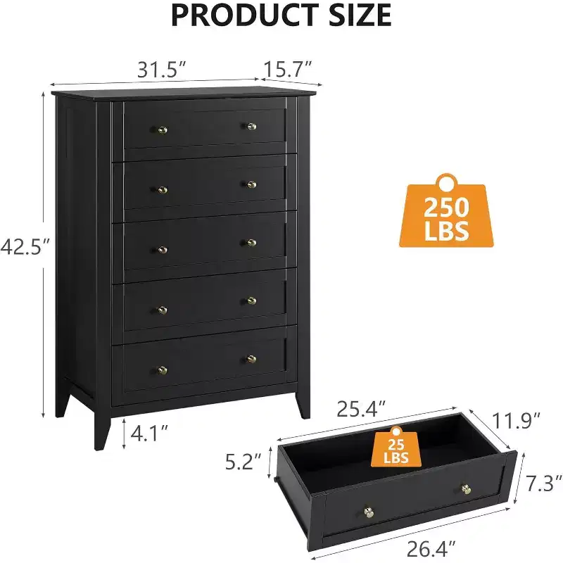 5 Chest Drawer Dresser, Modern and Stylish Dresser with Round Handle, Wood Storage Organizer with Ample Storage Space for Bedroom, Living Room, Black