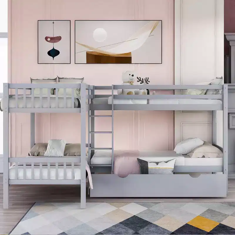 Whisen Twin Size L-Shaped Bunk Bed for 4 with Drawers