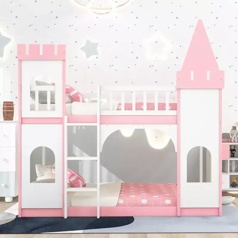 Twin over Twin Castle Bunk Bed with Ladder, Solid Pine Wood Floor House Princess Bunk Bed, Pink