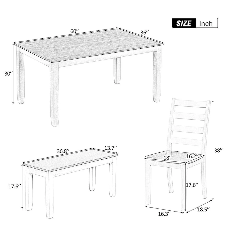 60 Farmhouse Rectangular Dining Table with 4 Upholstered Chairs and Bench
