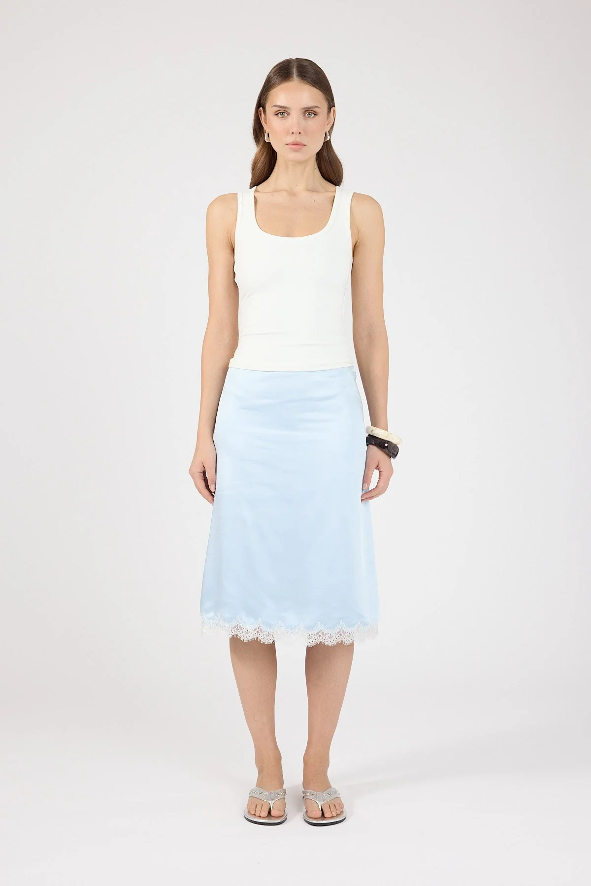 Satin Lace Midi Skirt Blue/White