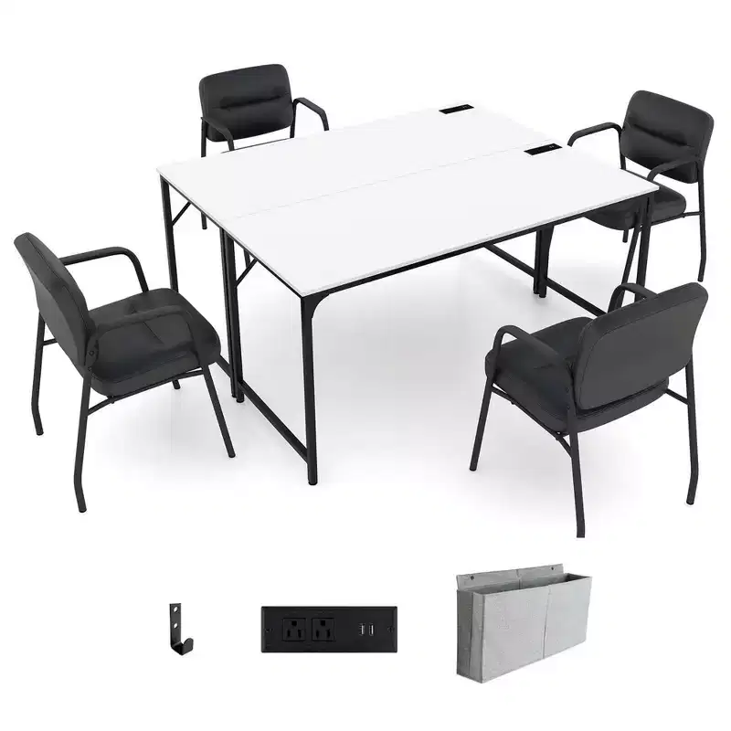 /4/6 Meeting Room Desk with Charging Station & Headphone Hook Metal Frame White