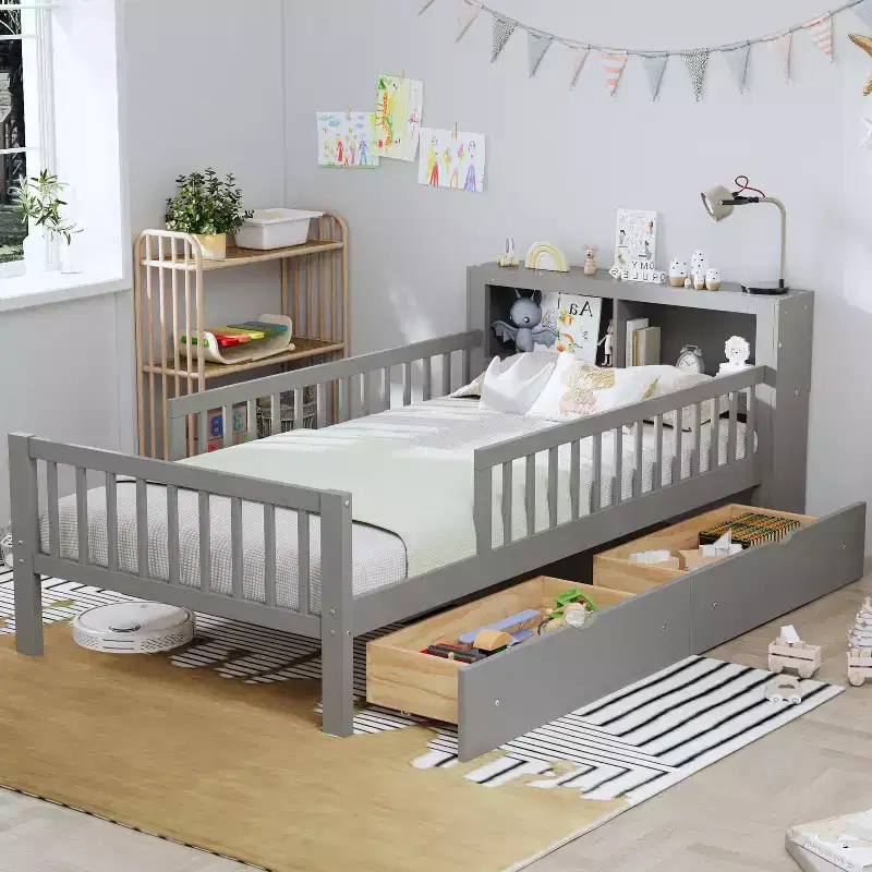 Twin Bed with Headboard Storage Rack, 2 Under-Bed Drawers and Guardrails, Gray