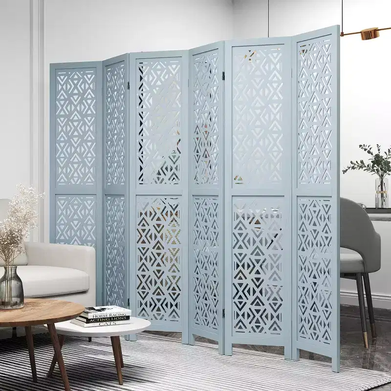 6-Panel Wooden Room Divider w/ Carved Cutout Pattern & Solid Wood Frame