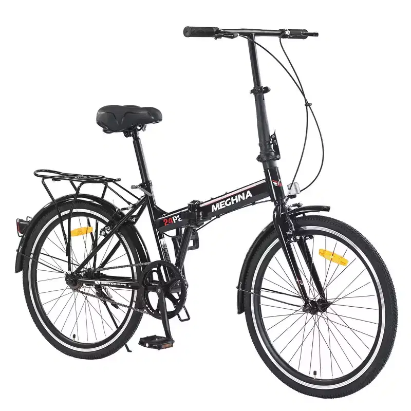 Okak 24IN Folding Bike with Fenders and Dual V-Brake, City Commuter Bicycle with Steel Frame and Shelf, Cruiser Bikes for Men and Women