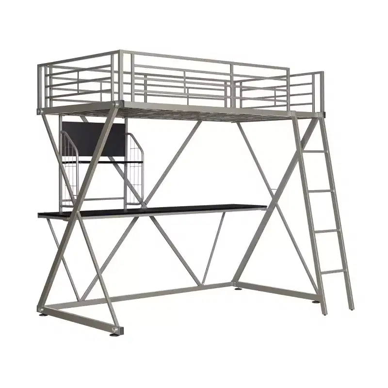 Modern Industrial Pewter Metal Kids' Twin Loft Bed with Built in Study Desk