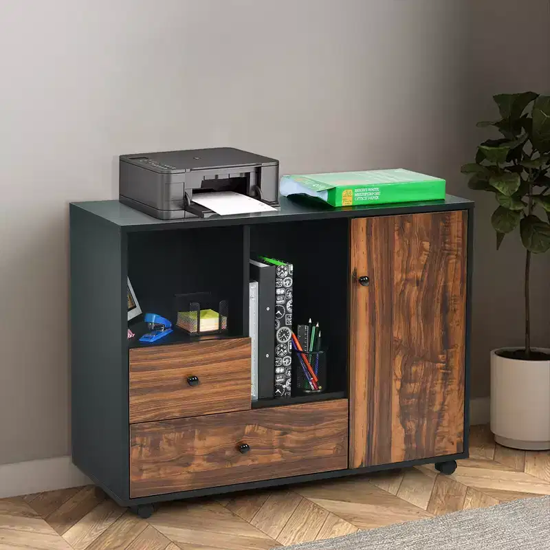 Brown & Black Rolling File Cabinet with 2 Drawers & Open Shelves, 1-Person Assembly