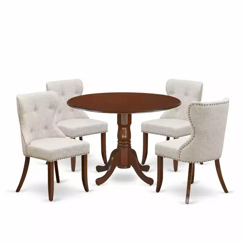 HomeStock 5-Pc Round Mahogany Finish Solid Wood Top Dining table with 4 Chairs with Drop Leaf