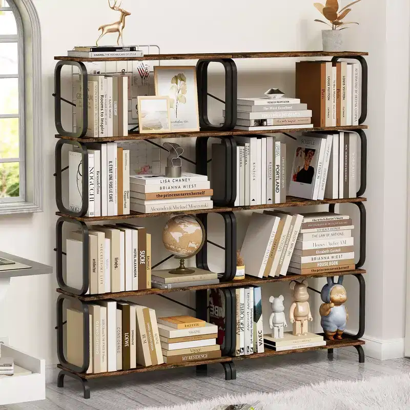 5-Tier Bookshelf, Tall Bookcase with Open Wood & Metal Design Vintage Storage Organizer for Books, CDs, Movies, Multi-Purpose Shelf for Living Room