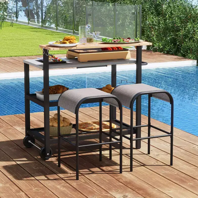 Rolling Bar Cart with Flip-up Table, Hooks, Paper Towel Holder & 2 Bistro Stools