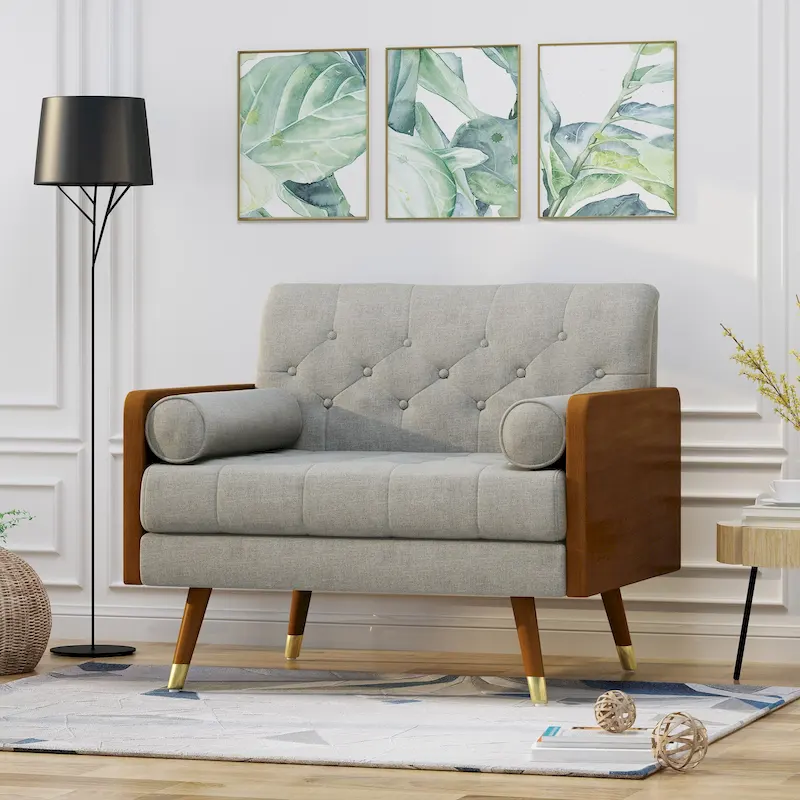Beige Button-Tufted Mid-Century Club Chair with Gold-Tip Rubberwood Legs for 1 Person