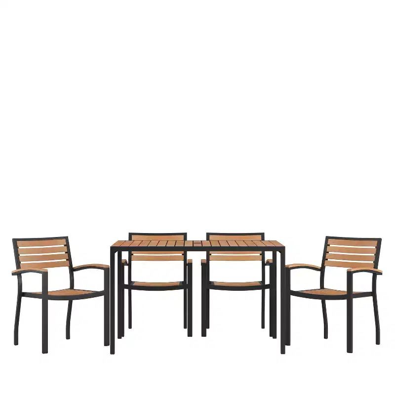 Emma and Oliver 5 Piece Patio Table Set - Synthetic Teak Poly Slats - 30 x 48 Steel Framed Table with Umbrella Holder Hole - 4 Stackable Club Chairs