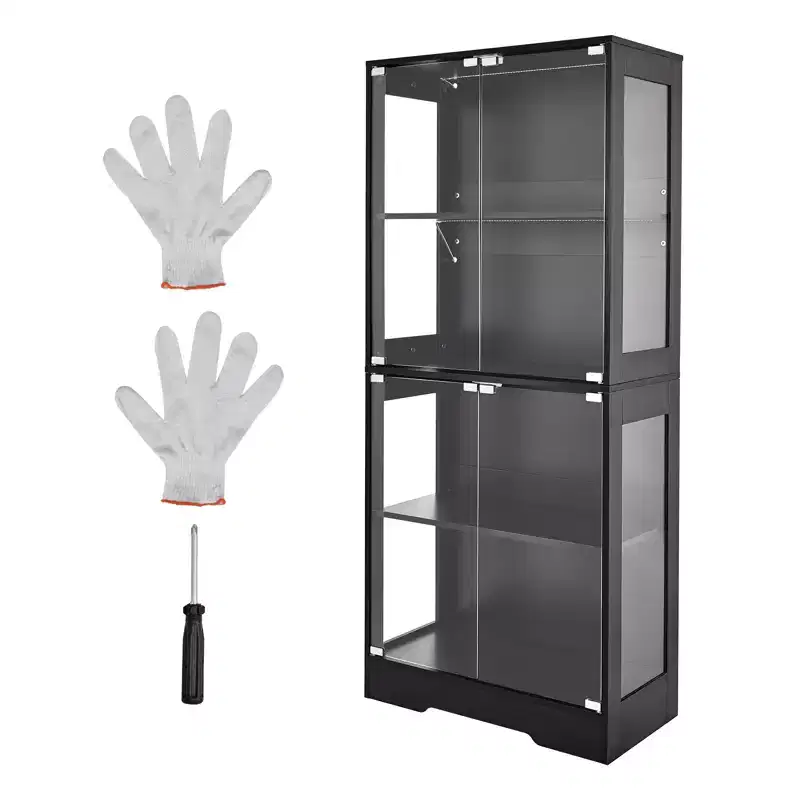 VEVOR Display Cabinet with Glass Doors, 65 in Tall Lighted Display Case with 3 Color Lights, 4-Tier Curio Collectibles Storage Cabinet, Black