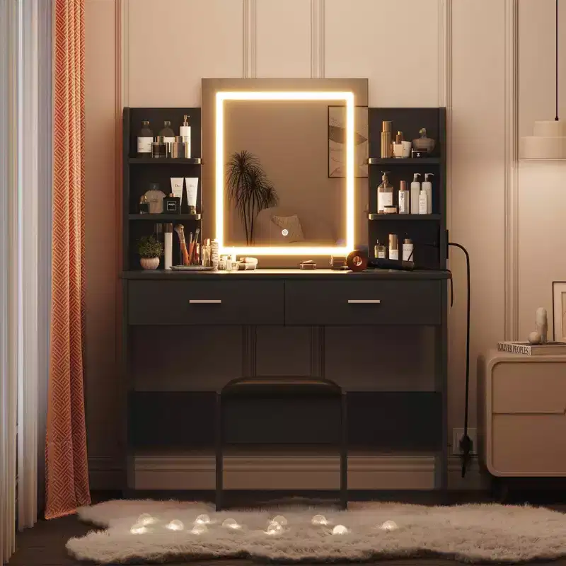 Vanity Desk with Mirror and Lights, Makeup Vanity Set with Cushioned Stool, Power Outlet, 6 Storage Shelves, 2 Large Drawers