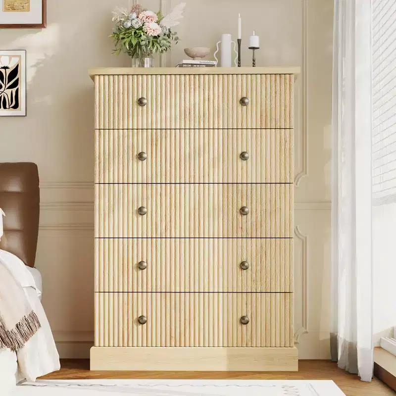 5-Drawer Tall Dresser for Bedroom – Fluted Chest of Drawers with Metal Handles