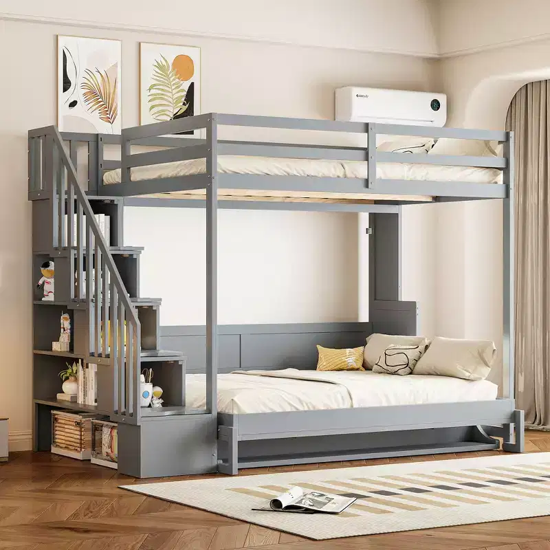 Full Over Full Size Bunk Bed, Murphy Bed with Hydraulic Lift & Desk Design - ModernLuxe