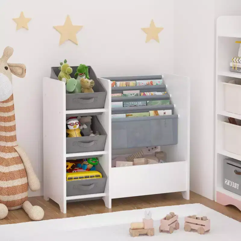 Kids Bookshelf and Toy Storage Organizer, Multifunctional 4 Tier Kids Book Shelf with 3 Collapsible Fabric Drawers