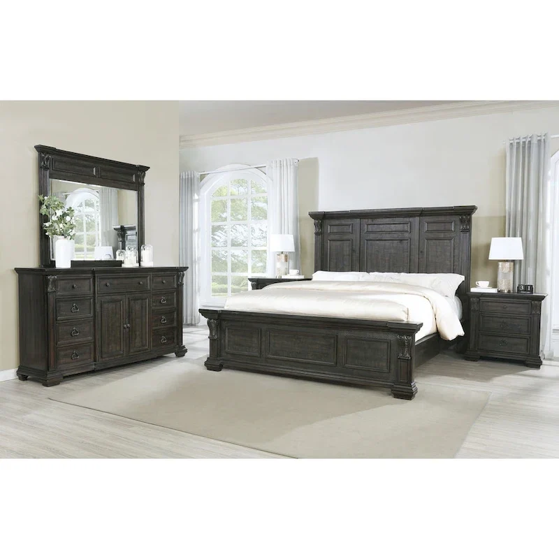 Dark Walnut Wood Panel Bedroom Set – Bed, Dresser, Mirror & 2 Nightstands, King/Queen