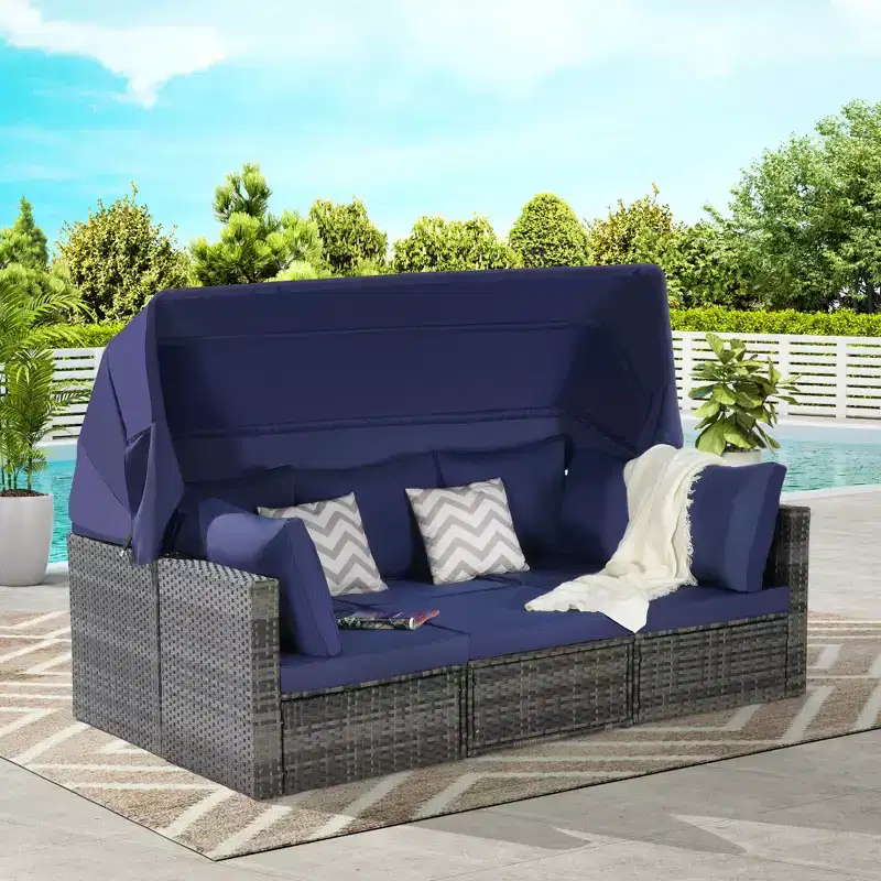4pcs Outdoor Sectional Sofa Set Patio Daybed Chat Conversation Set Wicker Garden Seating Set with Retractable Canopy, Coffee Table, Cushion-ModernLuxe