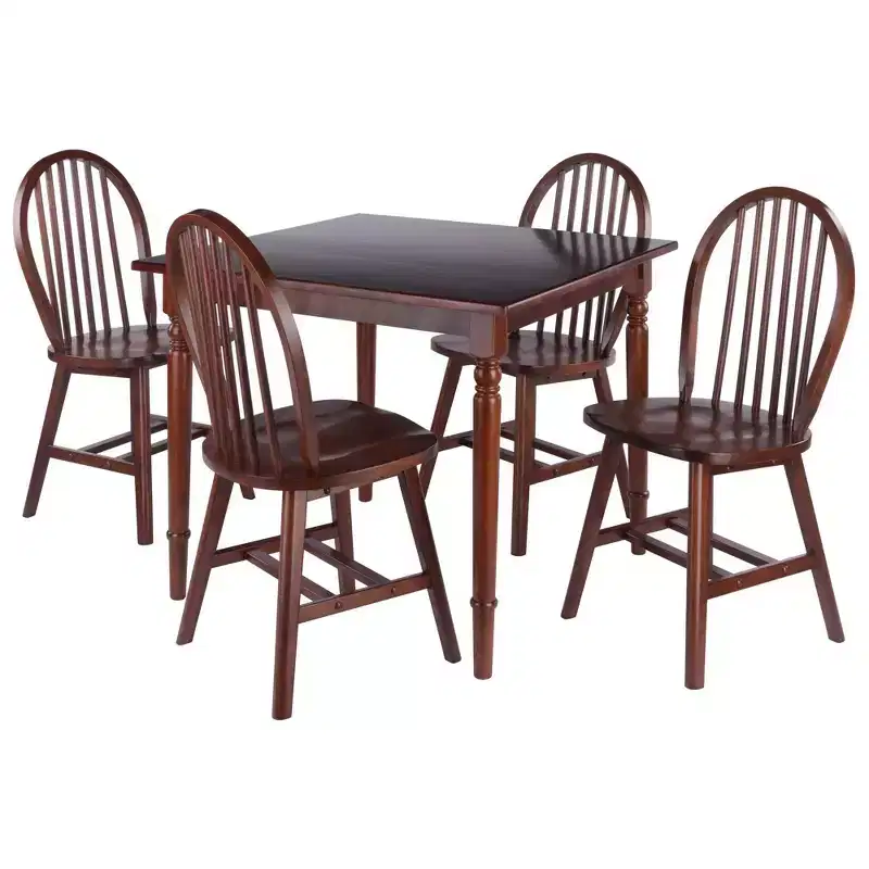 5pc Dining Table Set Walnut - Solid Wood, Farmhouse Style, Seats Four