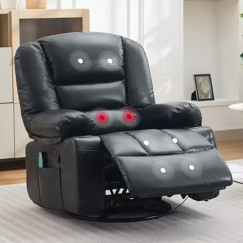 Multifunctional extra-large wide recliner, PU leather recliner, adult size, 360 swivel rocking chair, with cup holder and side pockets.