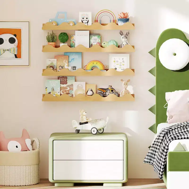Costway Kids Bookshelf Set of 4 with Fir Wood Structure & Wavy Anti-Falling Edge
