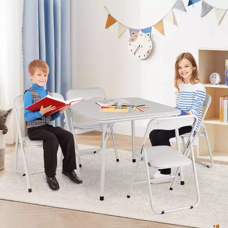 Metal Folding Chairs and Table, Leather Padded Folding Chairs with Comfortable Cushion and Durable Steel Frame, Upholstered Children's Activity