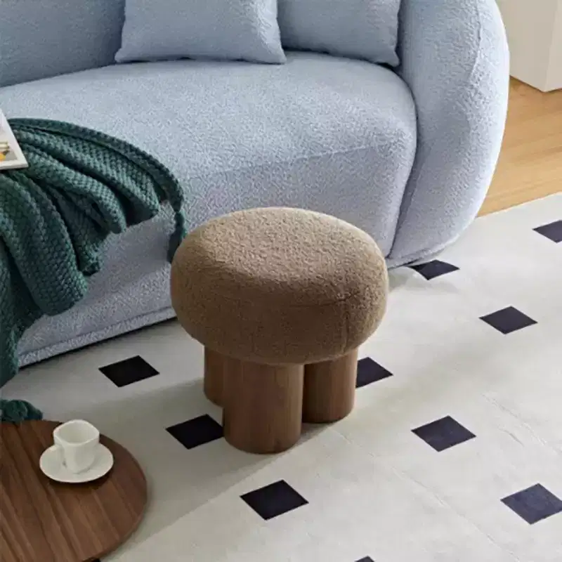 Mushroom Pleated Ottoman Stool, Lamb Wool Upholstery, Walnut Veneer Base, Brown Bedroom Bench Footstool
