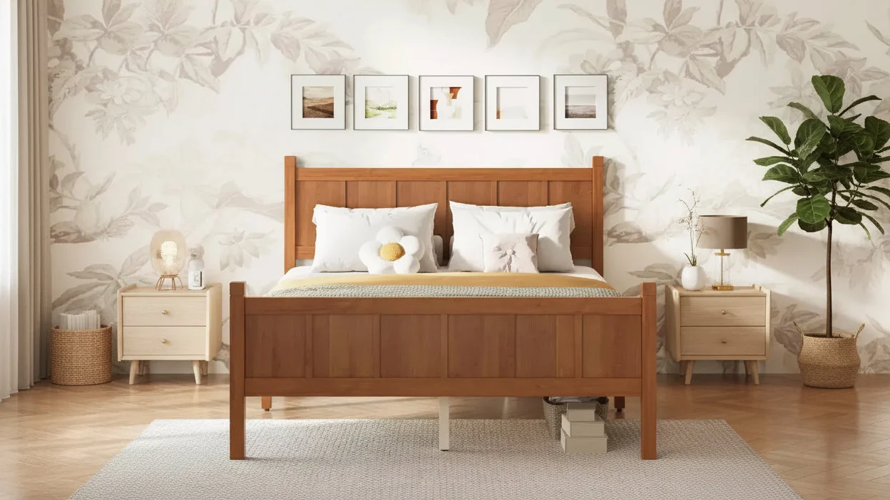 Full Flat Panel Platform Bed with Headboard and Footboard, Wood Grain Shaker Farmhouse Bed Frame, Light Walnut