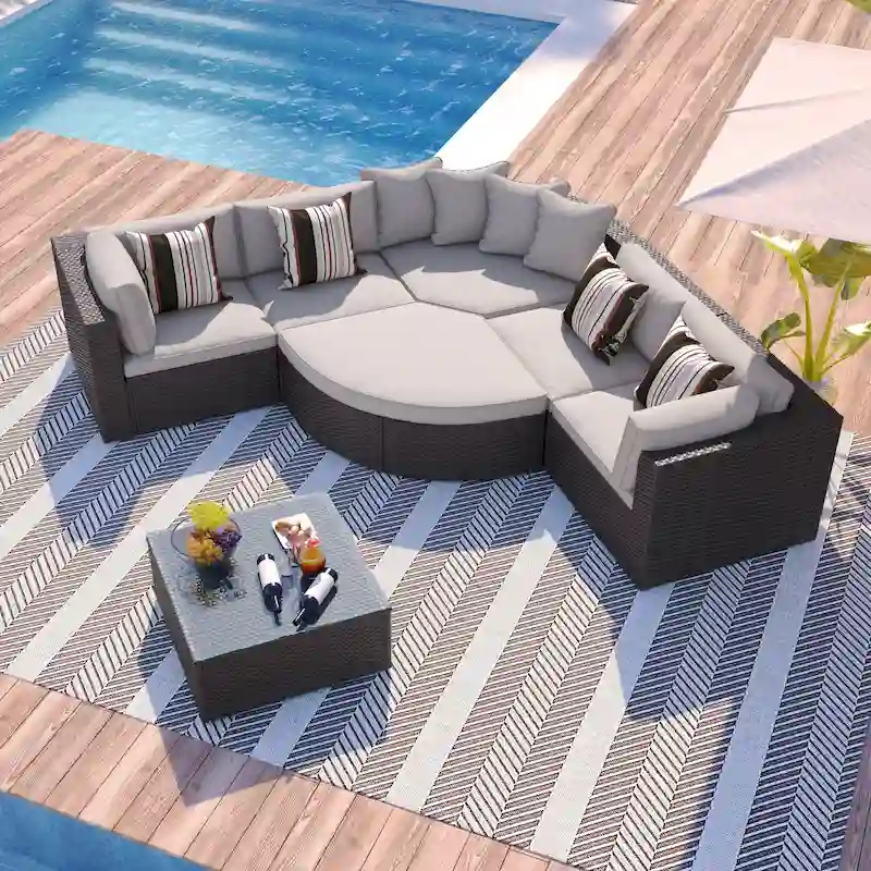 7 Piece Patio Curved Furniture Set, All Weather Outdoor Wicker Sofa Set, Rattan Sofa Lounger with Pillows and Cushio