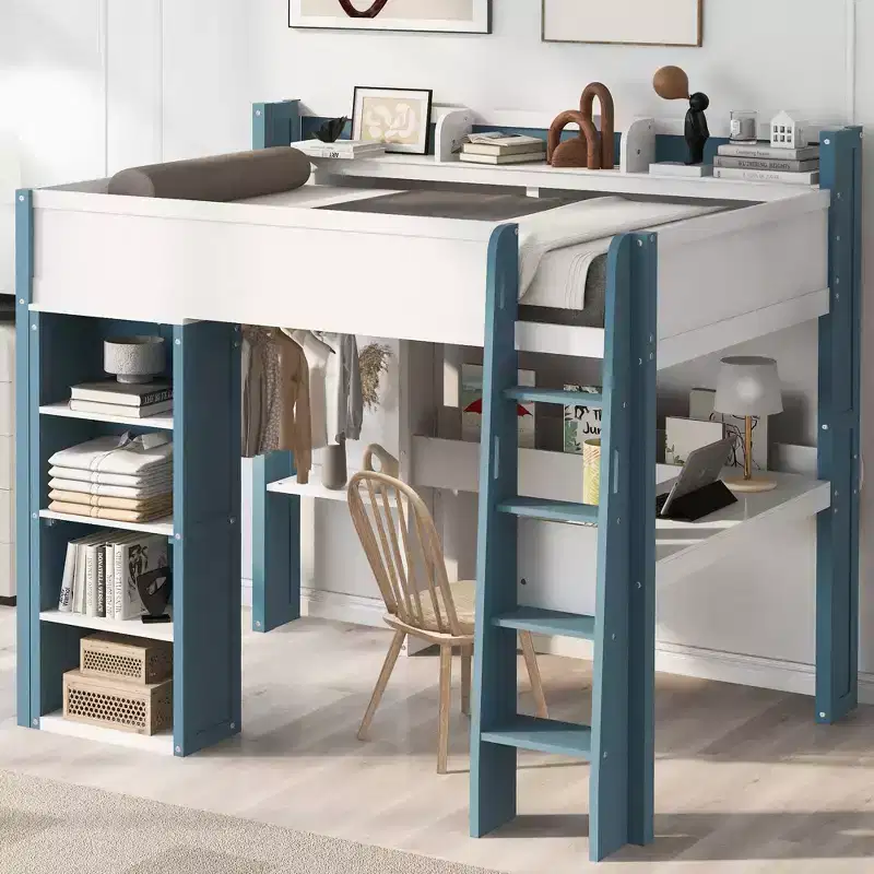 Full Size Wood Loft Bed with Built-in Storage Shelves, Clothes Rails and Desk, Wood Loft Bed Frame with Guardrail and Top Shelves