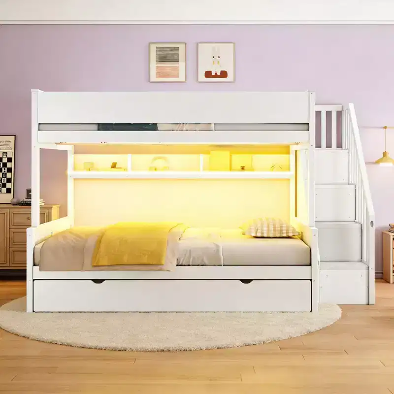 Full XL over Queen Bunk Bed with Trundle, Storage Shelves, Staircase and Light