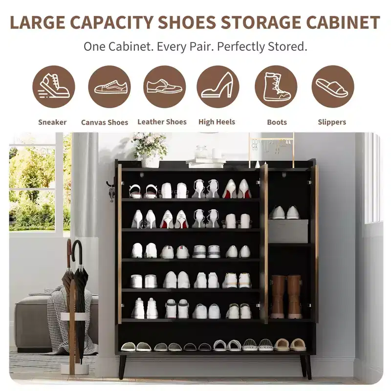 Shoe Cabinet, Shoe Storage Cabinet  6-Tier Large Organizer with 3 Doors & Hooks, 2-Pack Brown Entryway Storage for Hallway, Living Room
