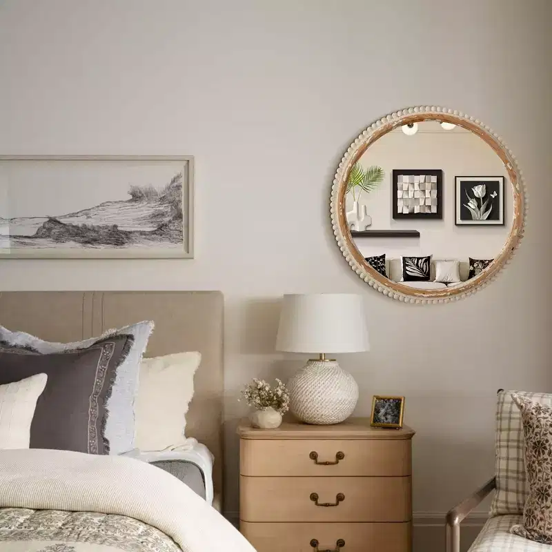 Wood Flat Wall Mirror, Arched Boho Style with Natural Wood Frame