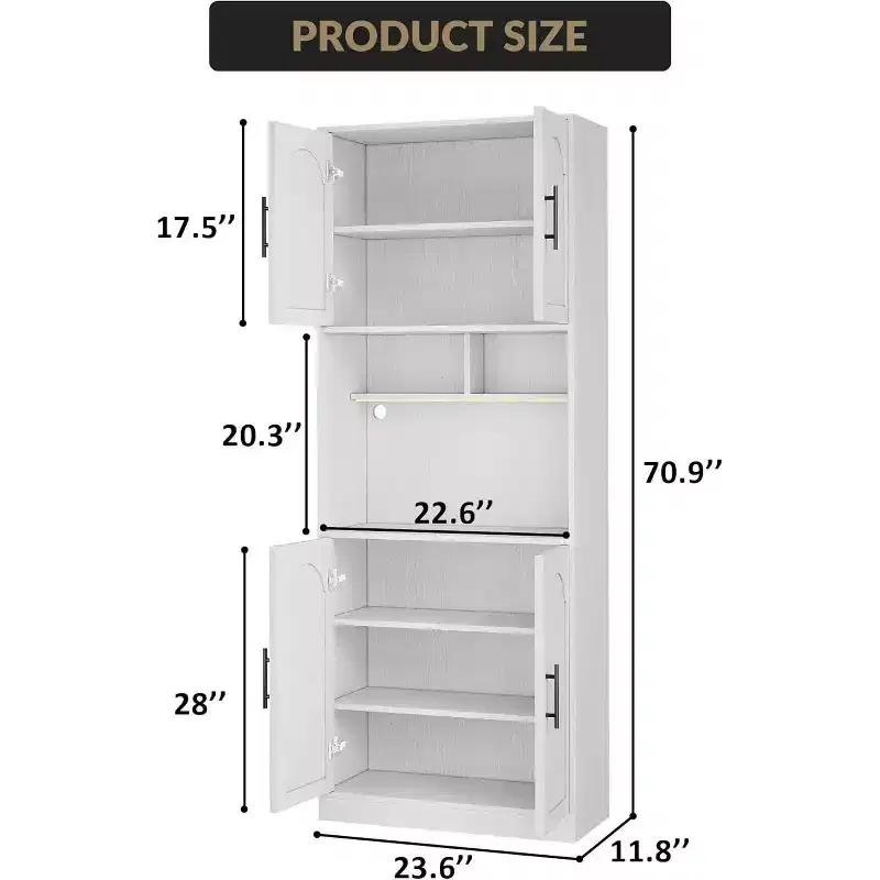 Kitchen Pantry Cabinet with RGB Lighting, Farmhouse Wood Hutch with Barn Doors, Microwave Stand, Two Open Shelves, Large Storage Cupboard