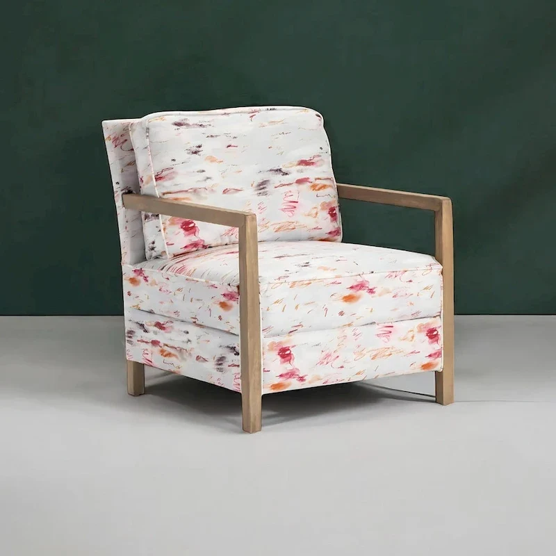 Soft Pink Multi-Color Floral Patterned Accent Chair with Wood Frame for 1 Person