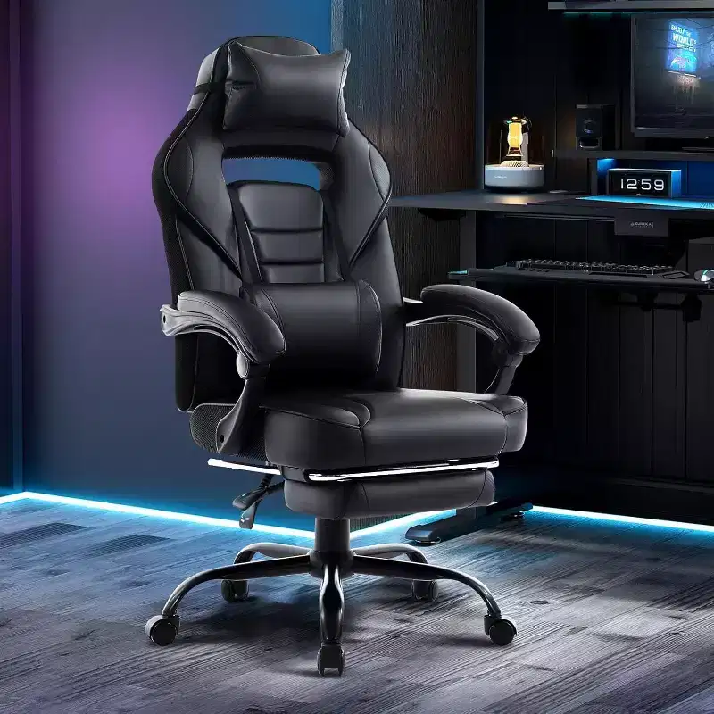 Ergonomic Gaming Chair, High-Back PU Computer Chair, Retractable Footrest, Height Adjustable, Adjustable Lumbar & Headrest, Swivel Office Chair