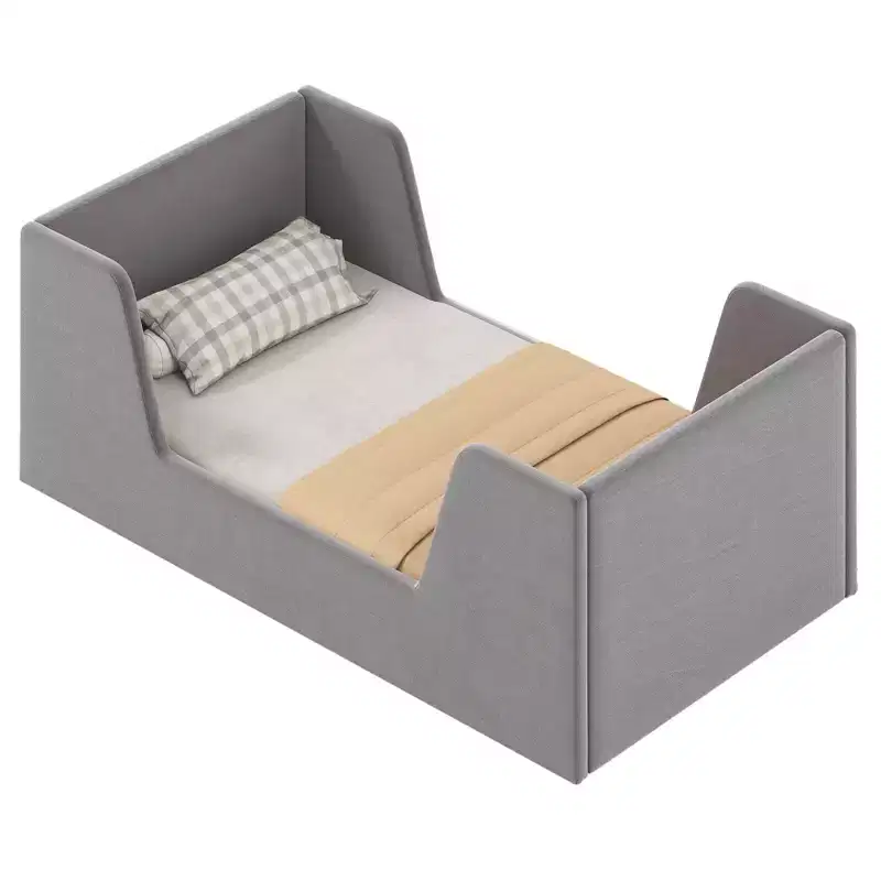 Costway Soft Velvet Fabric Upholstered Children Floor Bed with Safety Rails & Headboard Gray/Pink