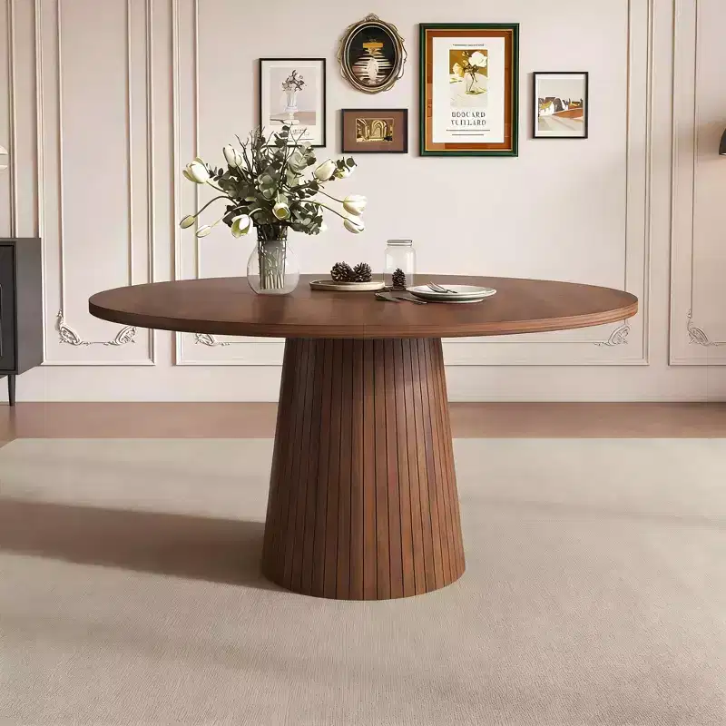 JVNOXK 47 Round MDF Dining Table for 4, Modern Farmhouse Kitchen Table with Wood Strip Base, Walnut Finish Circle Table for Kitchen & Living Room