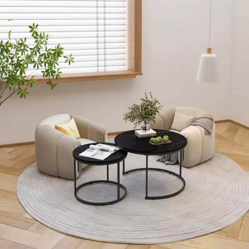 Nesting Coffee Table Set of 2, 27.6inch Round Coffee Table Wood Marble Pattern Top with Sturdy Metal Frame, End Table Side Tables