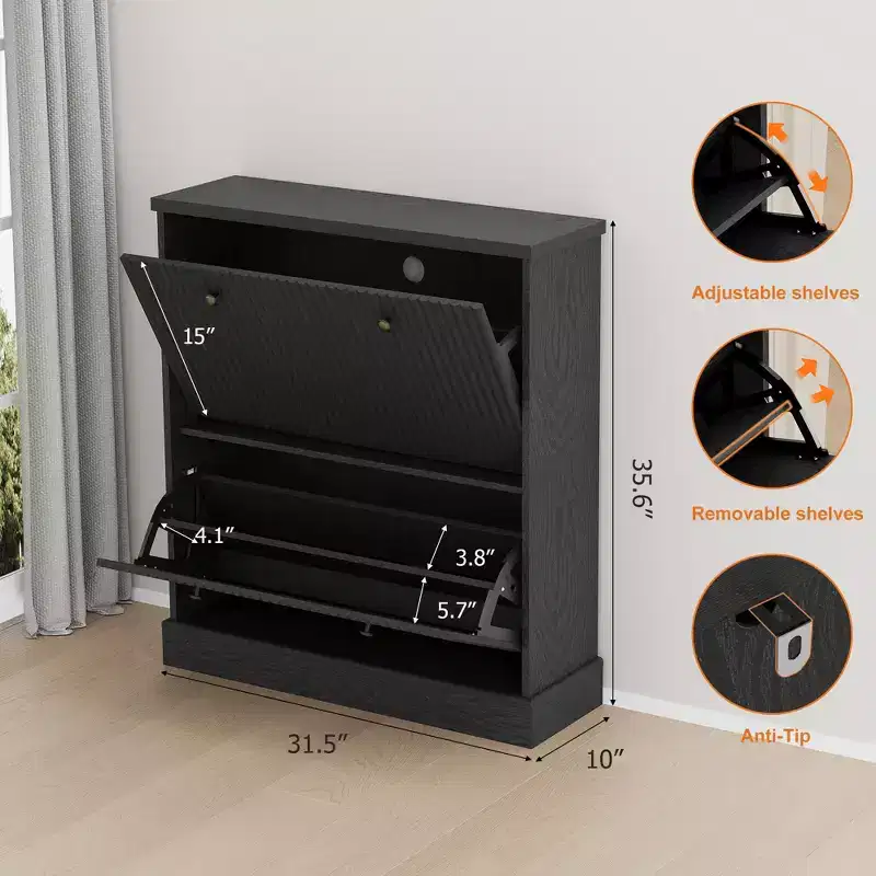 Acekool Wave Pattern 2-Drawer Turn Over Shoe Cabinet Narrow Walnut Entryway Organizer for Hallway & Bedroom
