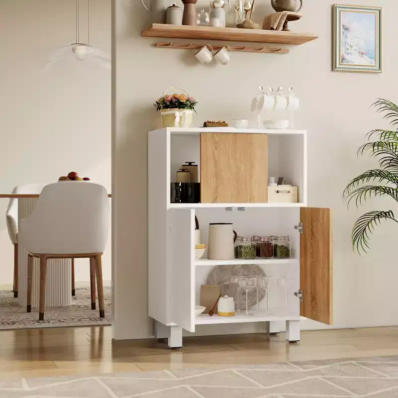 Wooden Storage Cabinet - Sideboard Buffet with Sliding Doors, Adjustable Shelves, Bathroom Floor Standing Cabinet, Bookshelf for Small Space, Corner